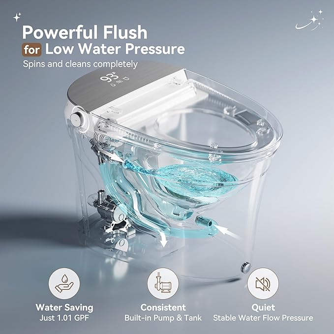 Smart Toilet with Powerful Flush, for Low Water Pressure, Luxury Smart Toilet built-in bidet with Instant Warm Water, Auto Open& Close Lid and Kick Control, Deodorization, Night Light