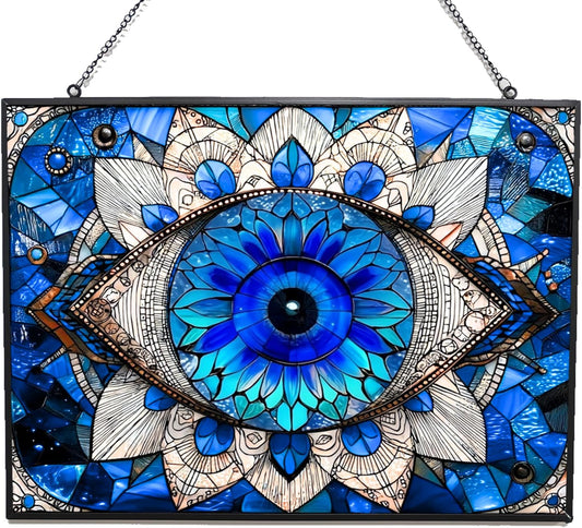 Rectangle Evil Eye Suncatchers for Windows, Stained Glass Window Hangings,Hand-Painted Glass Panel Perfect for Home Décor