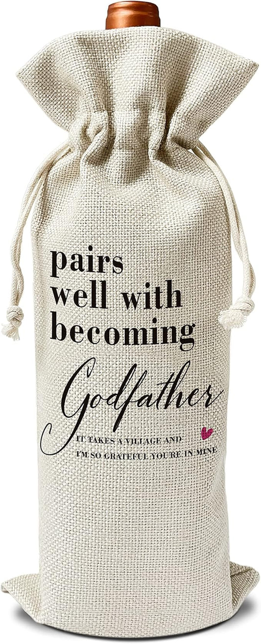 Godfather Wine Gift Bags - Gift for Godfather, Uncle, Godparent, Baptism - Reusable Burlap With Drawstring Gift Bag (5.5"x 13.5")-1 Pcs/jiu063