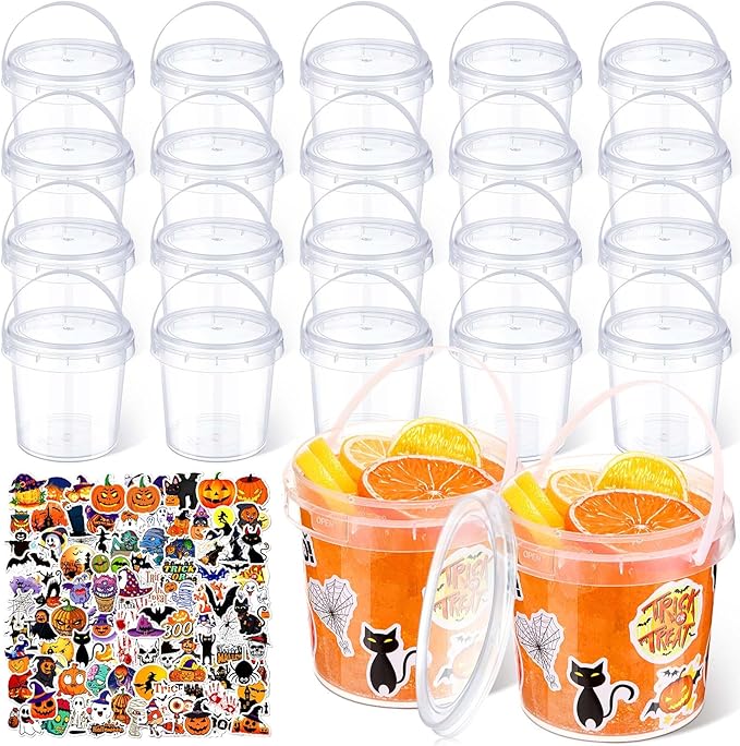 Sliner 20 Pcs 33.8 oz Clear Plastic Bucket with Lid and Handle and 100 Halloween Horror Stickers Halloween Trick or Treat Cocktail Rum Buckets for Drinks Food Storage Container Plastic Pail for Party