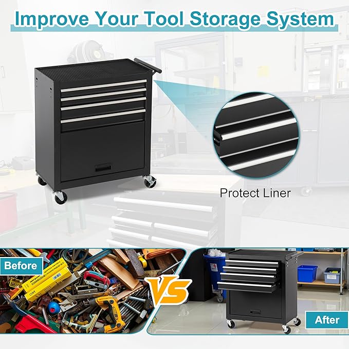 Tool Chest 4 Drawers Garage Storage Cabinet Steel Frame Tool Chest with Wheels, Top Storage Rack, Rubber Mat, Side Handle for Warehouses and Workshop, Black