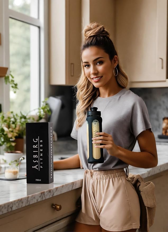 Fitness | Protein Shaker Made of Glass | Protein Shaker | Drinking Bottle | with Spiral Ball | Black