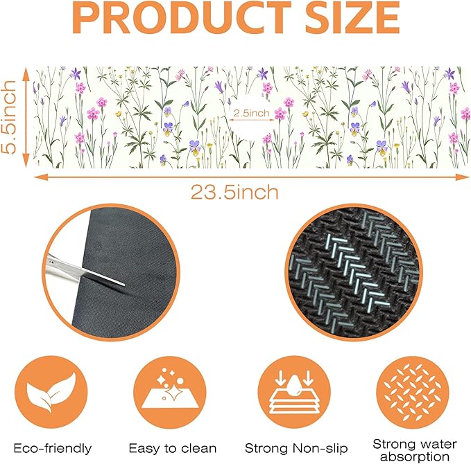 Kitchen Faucet Mat Meadow Flowers Kitchen Sink Splash Guard Faucet Mat,1 PC Splash Guard Behind Faucet Drip Catcher for Kitchen,Sink Mat,Dish Drying Mat,Bathroom Faucet Mat 23.5""X5.5""