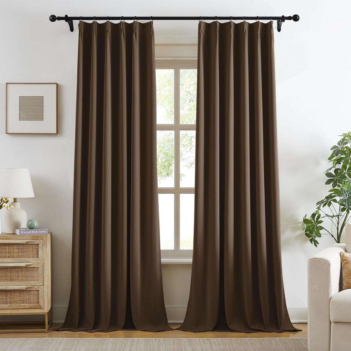 KangBang Brown Pinch Pleated Blackout Curtains 108 Inches Long for Hall Windows, Sound Dampening Light Blocking Soft & Vertical Window Panels Ceiling to Floor for Villa 2 Panels, 40Wx108L