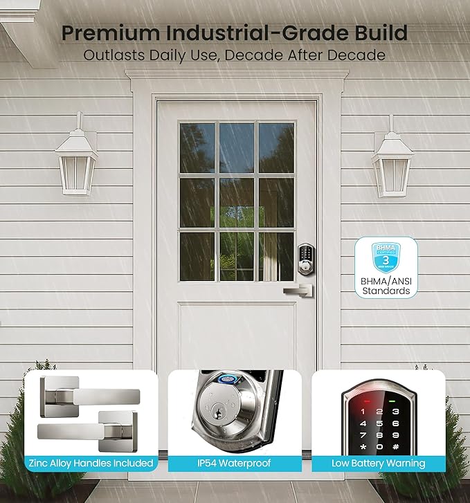 Veise VE07-L Fingerprint Smart Locks for Front Door with Zinc Alloy Handle Set, App Control, Keyless Entry, Electronic Digital Keypad Deadbolt, Auto Lock, Waterproof, Easy to Install, Matte Black