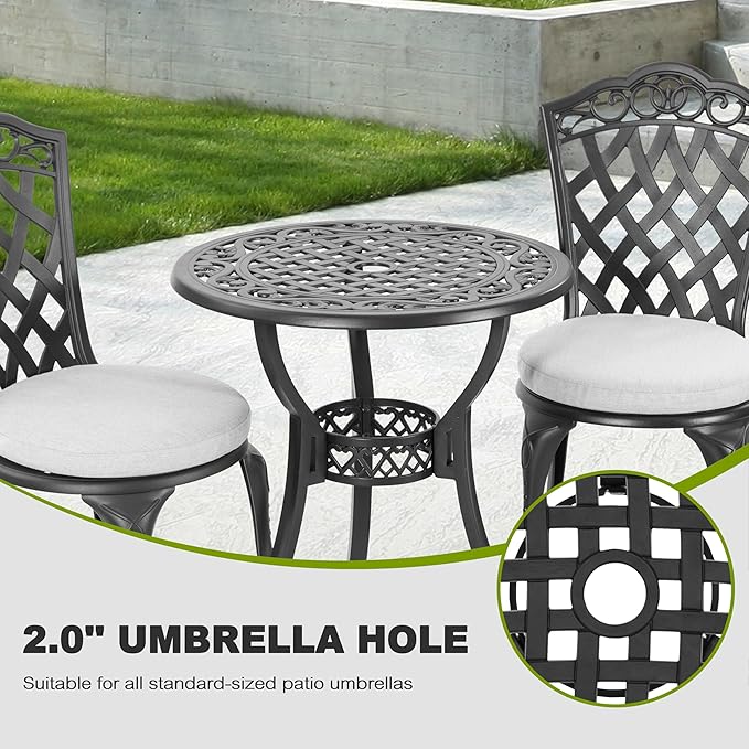 NUU GARDEN 3-Piece Patio Bistro Set Outdoor Cast Aluminum Bistro Table and Chairs Set of 2, Outdoor Patio Bistro Set with Umbrella Hole and Gray Cushions for Patio Balcony, Black