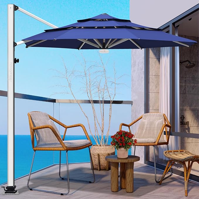 EliteShade USA APOLLO 3-Tier 11FT Full Aluminum Cantilever Patio Umbrella for Outdoor restaurant Garden Courtyard Deck Pool and Marketing with Light (No battery),Navy Blue