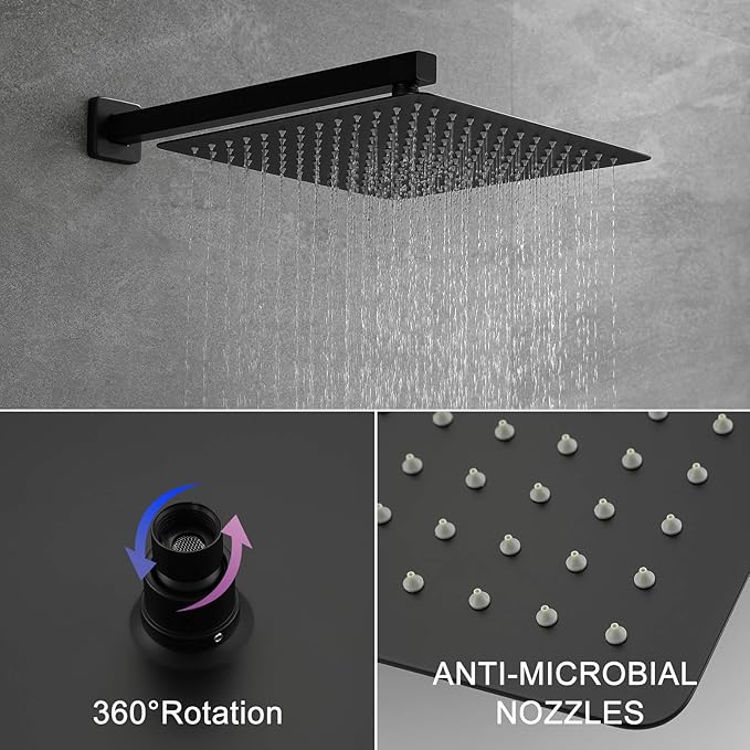 SHAMANDA Brass Rainfall Shower System, Luxuly Bathroom Shower Faucet Combo Set Matte Black (Including Rough-In Valve Body and Trim), L7001-7