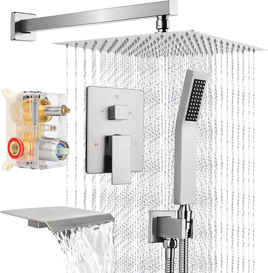 10 Inch Rainfall Shower System with Tub Spout - Wall Mounted Complete Combo with Solid Brass Pressure Balancing Valve, High Pressure Shower Head, Handle Set & Installation Accessories Brushed Nickel