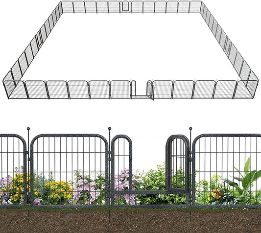 Metal Garden Fence with 42 Panels 6 Gates Outdoor Dog Fence 110ft (L)×32in (H) Decorative Pet & Animal Barrier, Garden and Yard Fencing，Black-Silver