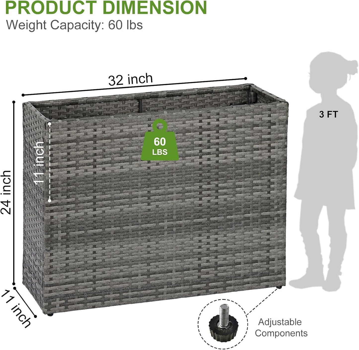 LEWIS&WAYNE Large Rectangular Block Planter Box Handmade Wicker Tall Planters for Outdoor Plants with Removable Liners Modern Planter for Indoor Outdoor Patio Deck - Gray, 32''x11''x24''