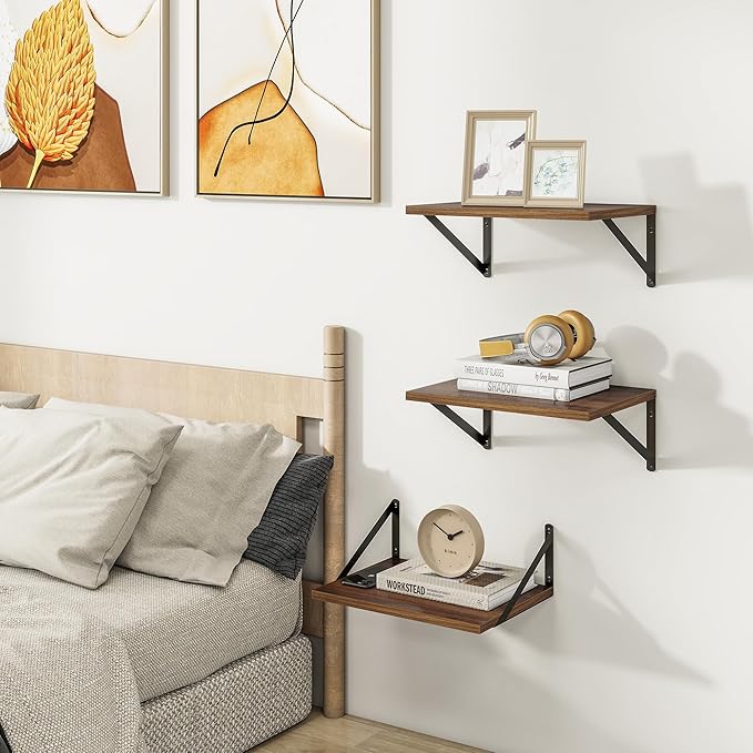 Heimlove Deep Floating Shelves for Wall, 12 Inch Deep Floating Shelves Set of 3, 16W x 12D Wood Wall Shelves, Wide Wood Shelves with Metal Bracket for Living Room, Kitchen, Office, Bedroom - Walnut