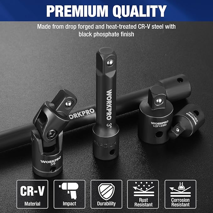 WORKPRO 9 PCS Socket Accessory Set, Includes 3/8" Impact Drive Extension Bar Set, 1/4", 3/8" & 1/2" Drive Universal Joints and Adapters, Premium Chrome Vanadium Steel with Black Phosphate Finish