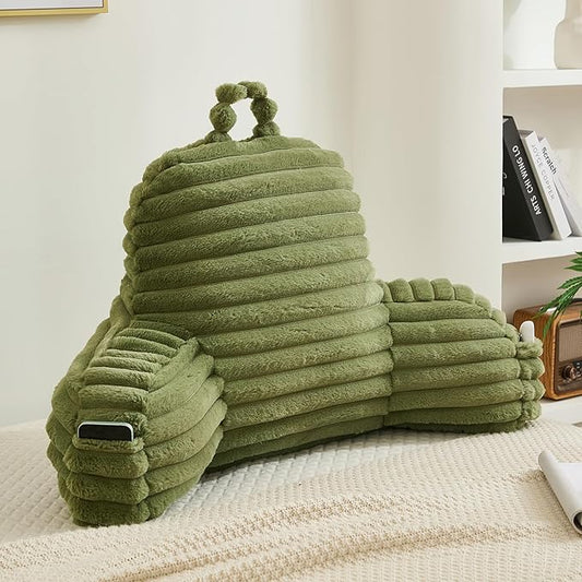 Faux Fur Fluffy Sage Reading Pillow with Pockets, Luxury Striped Plush Decorative, Arm Rests and Back Surport for Bed Rest, Lounging on sofa, Standard
