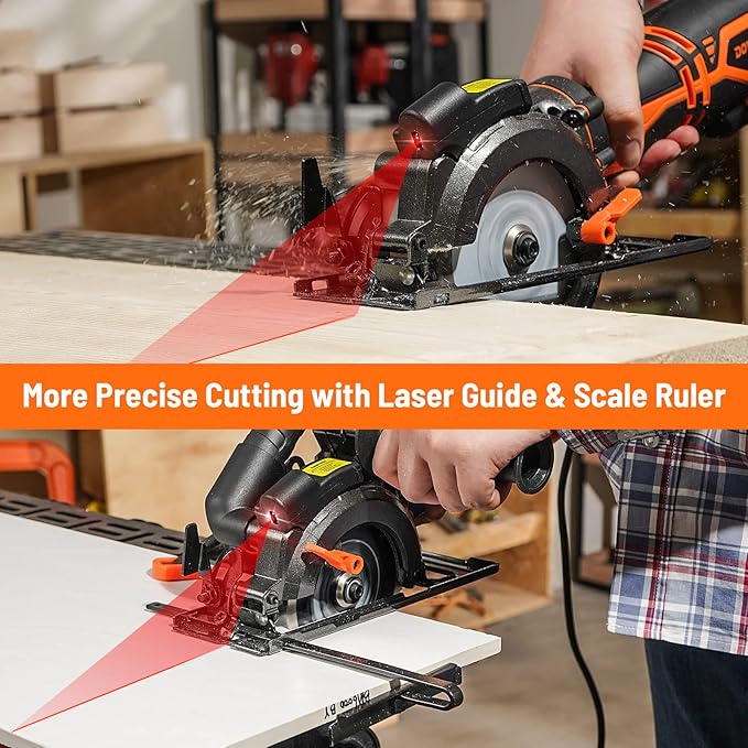 Circular Saw, 5.8A 4-1/2" Circular Saw w/Laser, Metal Auxiliary Handle, 6 Blades (4½", 4¾"), Cutting Depth 1-11/16" (90°), 1-3/8" (45°), Ideal for Wood, Soft Metal, Plastic, Tile - MCS01A