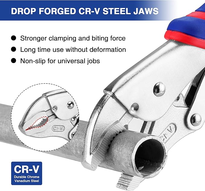WORKPRO 4-Piece Locking Pliers Set with Comfortable Grip, 5-1/2", 7" and 9" Curved Jaw Locking Pliers, 6-1/2" Long Nose Locking with Storage Bag, Blue&red