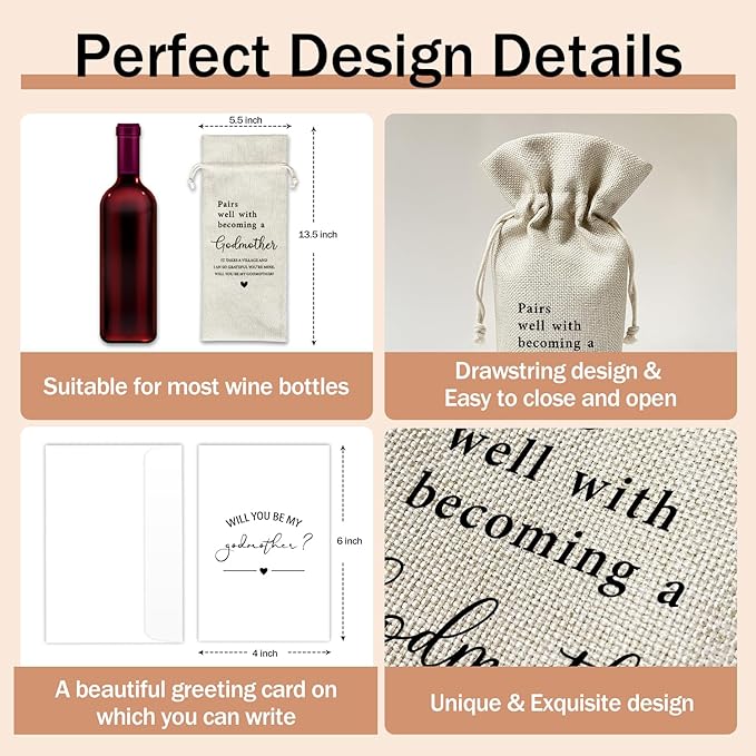 Godmother Proposal Wine Gift Bags & Card, Godmother Gifts Baptism Gifts for Godparents God Mom God Mother 1pcs Reusable Burlap Wine Gift Bags for Wine Bottles, Party Favor Will You be My Godmother -18