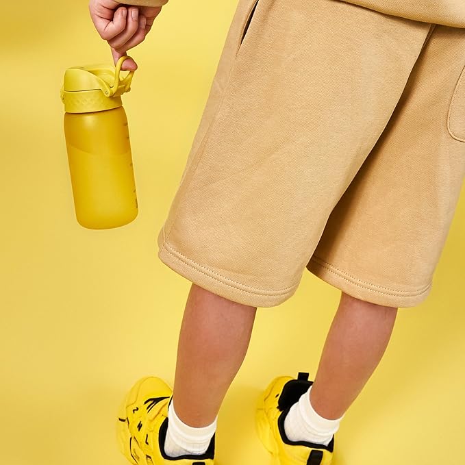 Ion8 Small Water Bottle, 350 ml/12 oz, Leak Proof, Easy to Open, Secure Lock, Dishwasher Safe, BPA Free, Carry Handle, Hygienic Flip Cover, Easy Clean, Odor Free, Carbon Neutral, Sunset Yellow