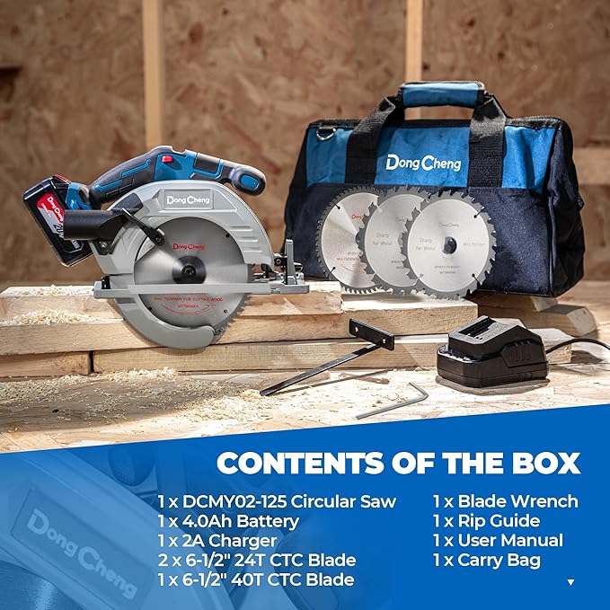 Dong Cheng Cordless Circular Saw 7-1/4-Inch 5,000 Rpm, Cutting Depth 65mm, 0-45° Adjustable, with Dust Collection Adaptor, 24T & 40T TCT Blade Included, Battery and Charger Kit (4.0Ah)