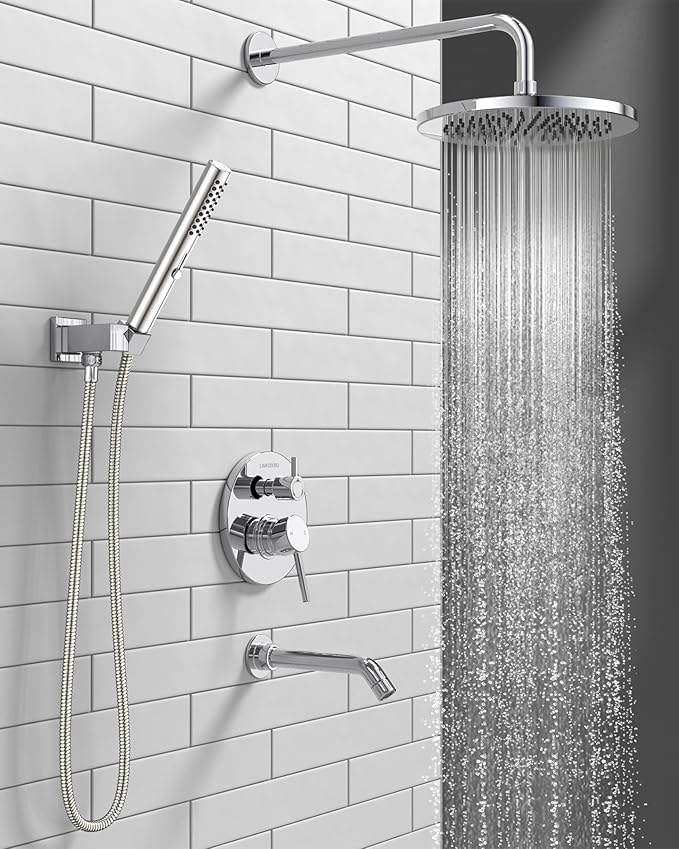 Lava Odoro Modern 3-Setting Round Rain Bathtub and Shower Faucet Set, Chrome Rainfall Shower Head and Handle Set, Rain Shower System with Tub Spout, Shower Valve Trim Kit, Chrome, SF104-C-T
