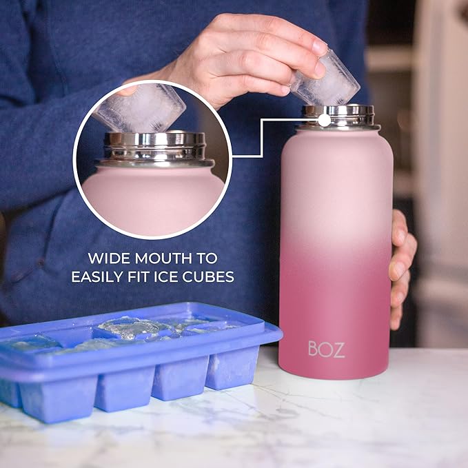 BOZ Stainless Steel Water Bottle - Vaccum Insulated Water Bottle 32 Oz - Wide Mouth BPA Free Sport Water Bottle for Gym with Spout Lid - Thermal Hot & Cold 1 Litre Gradient Pink Waterbottle