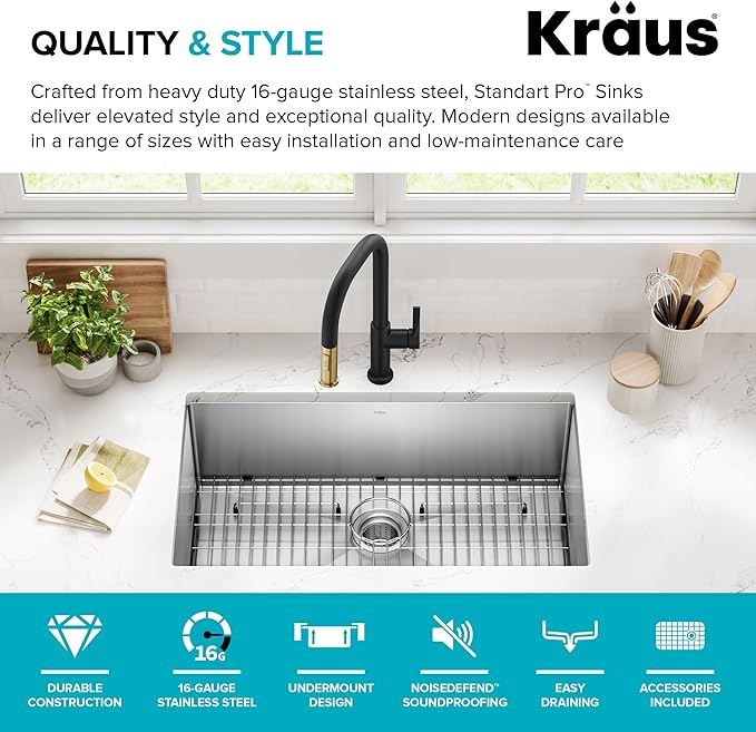 Kraus KHU100-32 Standart PRO 16 Gauge Undermount Single Bowl Stainless Steel Kitchen Sink, 32 Inch