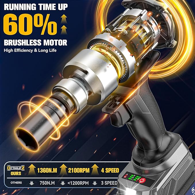 Cordless Impact Wrench 1/2 inch Compatible with DeWalt 20V Battery, 1000 Ft-lbs (1360N.m) Brushless High Torque Impact Driver with 2x5.0AH Battery & 6 Sockets, Power Impact Gun for Car Truck Mower