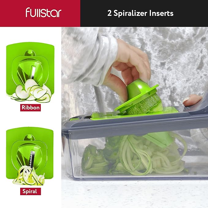 Fullstar Vegetable Chopper - Food Chopper - Onion Chopper - Vegetable Slicer & Spiralizer - Veggie Chopper with Container - Kitchen Gadgets - Home Essentials - Kitchen Accessories (9 in 1, Gray/Green)