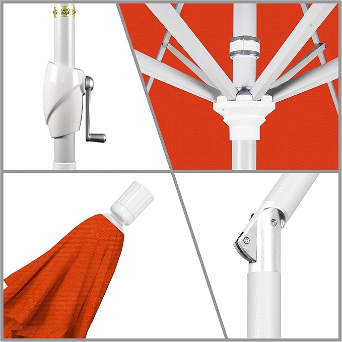 California Umbrella 7.5' Round Aluminum Market Umbrella, Crank Lift, Push Button Tilt, White Pole, Sunset Olefin