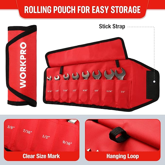 WORKPRO 8 Piece Flex Head Stubby Ratcheting Combination Wrench Set, SAE 5/16-3/4 in, 72-Teeth, CRV, Nickel Plating with Rolling Pouch