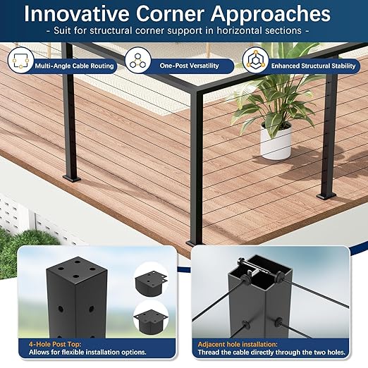 Economical 36" Corner Cable Railing Post, T-Drilled Three-Side Stainless Steel T304 Corner Rail Post, Upgraded Black One-Post Corner Solution, Wire Metal Post for Indoor Outdoor Corner Railing