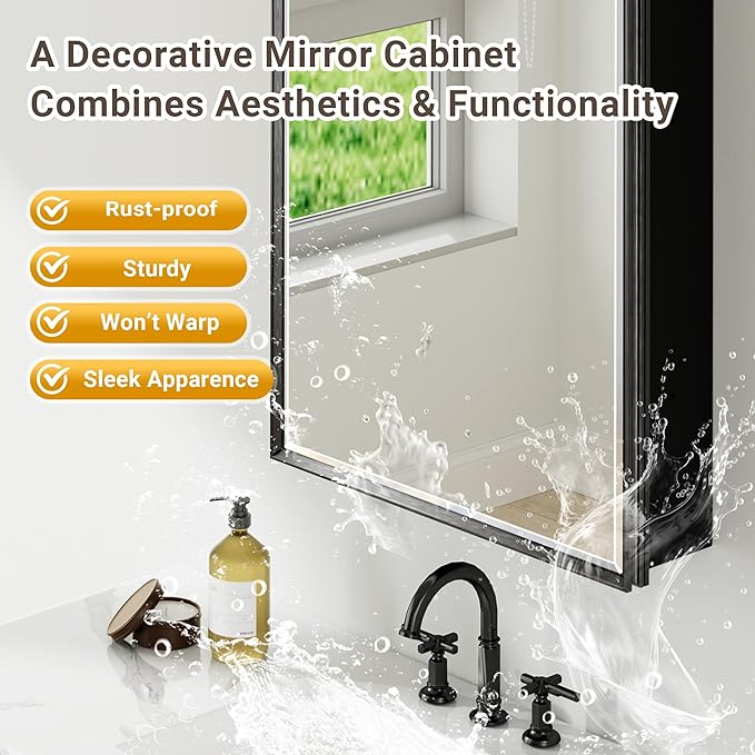 Black Medicine Cabinet Mirror, 16''x 26'' Surface or Recessed Aluminum Framed Medicine Cabinet with Beveled Mirror, Full-Assembled, Adjustable Shelves,Reversible Bathroom Mirror with Storage