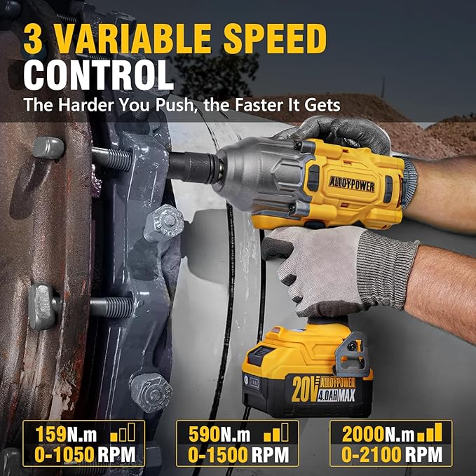 ALLOYPOWER Cordless Brushless Impact Wrench, 1475 ft-lbs (2000N.m), 1/2 High Torque power impact gun, 3-Mode Speed, 4000mAh Battery, 3 Sockets, Electric Impact Wrench Set for Car Tire Truck RV Mower