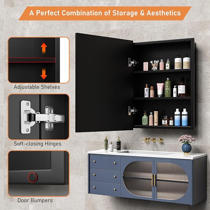 20X26 Inches Medicine Cabinet, Wall Mounted Bathroom Cabinet wirh Beveled Mirror, Recessed or Surface Medicine Cabinet with Storage