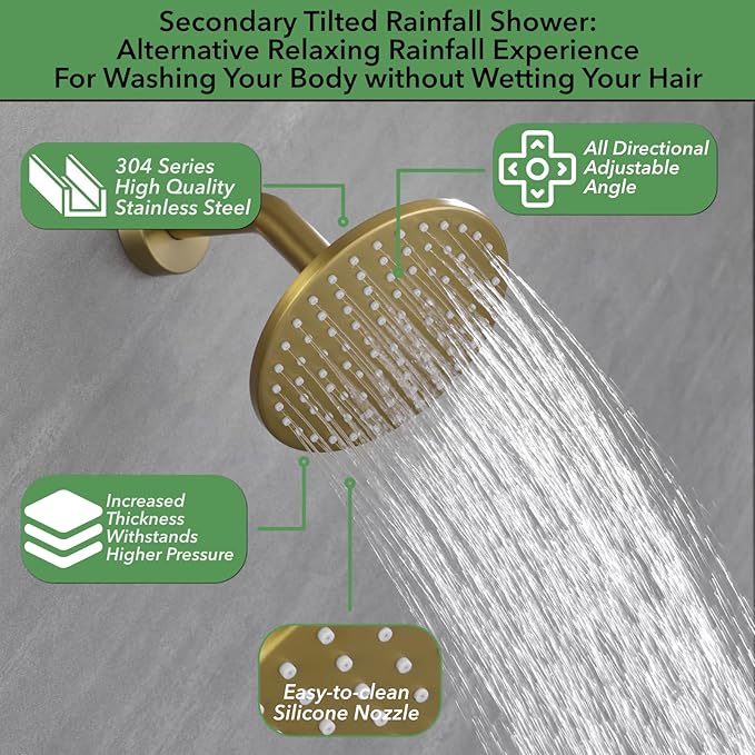 VANFOXLE Thermostatic Shower Faucet Set Brushed Gold Shower System,Push Button Diverter Shower Faucet with 2 in 1 Handheld,Ceiling Mount Increased Thickness 12 Inch Shower Head with 6 Inch Shower Head