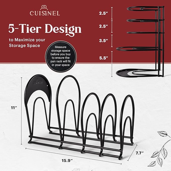 Cuisinel Heavy Duty Pan Organizer - Extra Large 5-Tier Rack - For Cast Iron Skillets, Dutch Oven, Griddles - Durable Steel Construction - Space Saving Kitchen Storage - No Assembly Required - Blue 15"