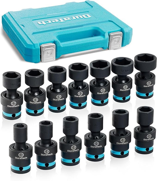 DURATECH 1/2" Drive Impact Swivel Socket Set, 13-Piece Shallow Wobble Sockets, Universal Joint Socket Set Metric, Cr-Mo Steel, 6 Point, Organized in Sturdy Storage Case(10-24mm)