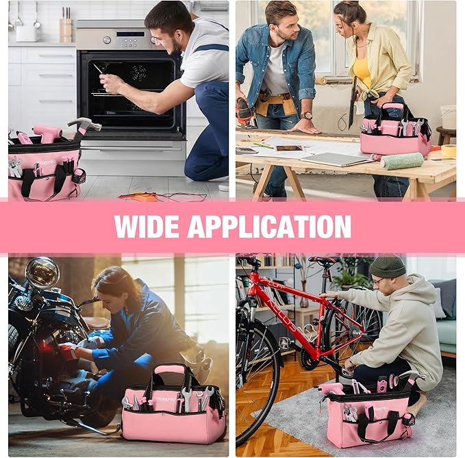 WORKPRO 13-Inch Tool Bag, Pink Soft Cloth Tool Storage Bags, Wide Mouth Tool Tote Bag with Inside Pockets - Pink Ribbon