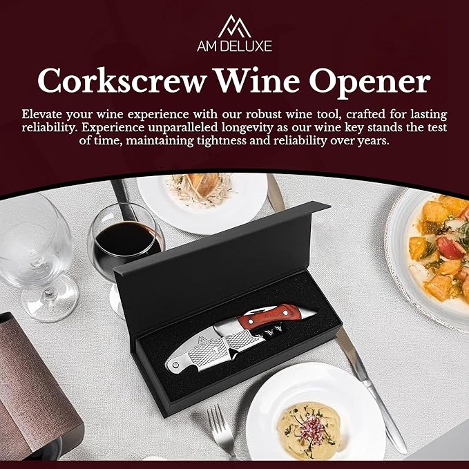 Premium AM DELUXE Waiter Corkscrew Wine Opener - Wine Key For Servers, Bartenders, Heavy Duty Stainless Steel & Pakka Wood Inlay, Serrated Foil Cutter, Cork Screw Wine Bottle Opener, Magnetic Gift Box