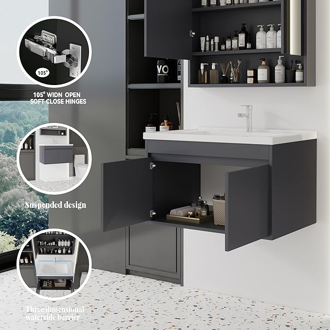 32'' Bathroom Vanity with Ceramic Sink Combo, Wall Mounted Small Bathroom Vanity with Soft-Close Door Modern Floating Cabinet, Pop-up Drain, P-Trap Included, Gray(No Faucet)