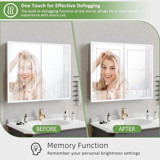 Medicine Cabinet with Lights, Bathroom LED Mirror Cabinet with Storage, Anti-Fog & 3 Color Lights, Recessed or Wall Mounted (40X32 in)