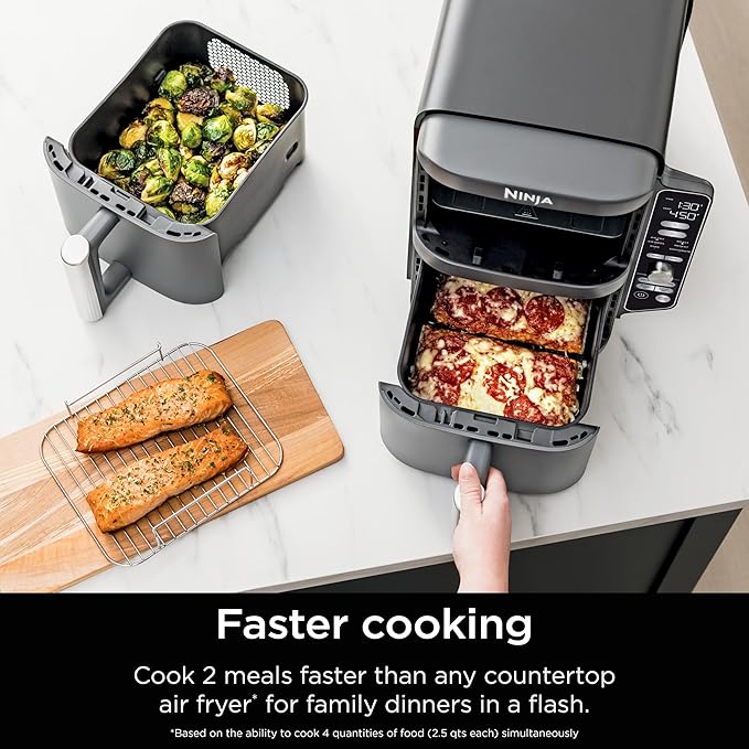 Ninja SL401 DoubleStack XL 2-Basket Air Fryer, DoubleStack Technology Cooks 4 Foods at Once, Compact Design, 10 QT, 6-in-1, Smart Finish & Match Cook, Air Fry, Broil, Bake, Easy Meals, Easy Clean,Grey