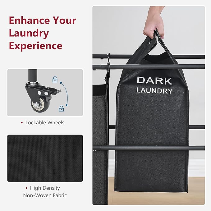 Tajsoon Laundry Sorter Cart with Hanging Clothes Rack, 4 Butler Sorter Basket Organizer, Laundry Hamper Cart with Heavy Duty Rolling Lockable Wheels, Black