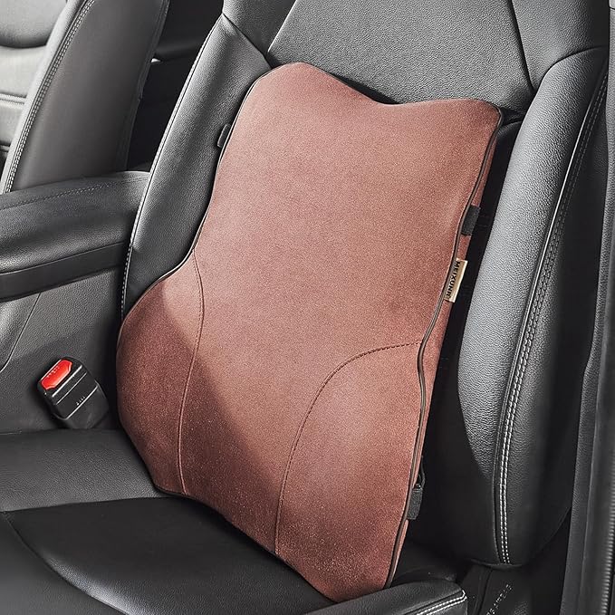 Soft Lumbar Support Pillow for Car Seat and Office Chair, Back Support Pillow for Driver's seat Back Cushion for Pain Relief Improve Posture (Suede Cover-Brown)