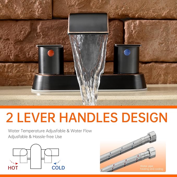 Waterfall Bathroom Sink Faucet 4 Inch Faucet 2 Handle Lead-Free Oil Rubbed Bronze, Bathroom Faucets with Pop Up Drain, 2 or 3 Holes Bathrooms Basin Lavatory Mixer Tap with Deck Mount Plate