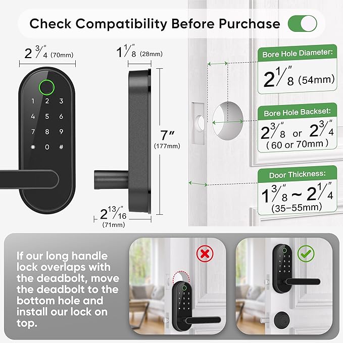 Keyless Entry Fingerprint Digital Smart Lock with Handle & Keypad: Electronic/Electric Lock with Code, App Control Biometric Deadbolt Door Knob for Front, Interior, Exterior & Bedroom Door (Black)