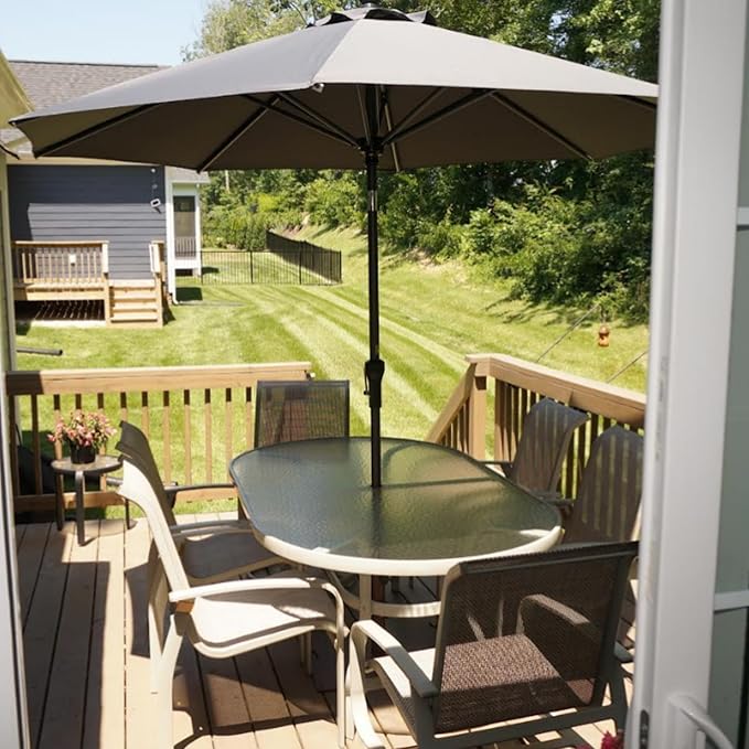 PURPLE LEAF 9' Round Patio Umbrella Outdoor Table Umbrella Aluminum Frame Market Umbrella Sun Umbrella with 8 Sturdy Ribs & Tilt for Garden Deck Lawn & Pool Gray