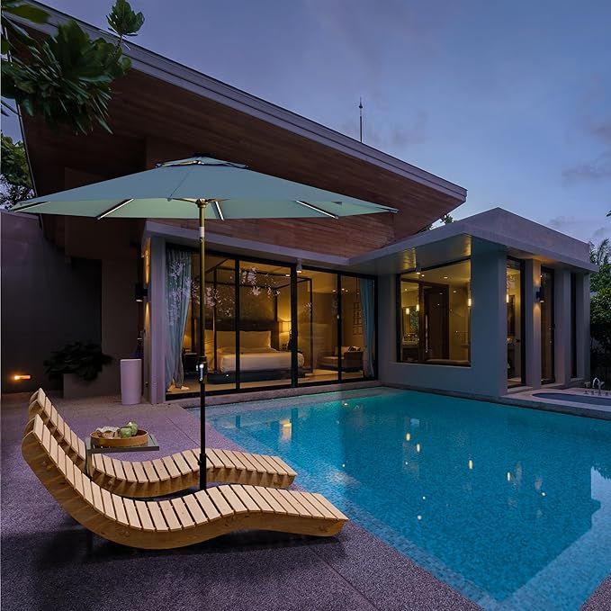 Midtown Umbrellas Led Swilt Sunbrella Umbrella, 8 Foot Patio Umbrella In Sunbrella Canvas Haze Acrylic Fabric - Deck Patio Umbrella, Backyard Umbrella, Garden Umbrella & Pool Umbrella - Black Pole