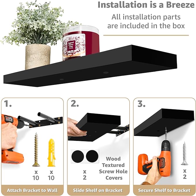 Sorbus Floating Shelves for Wall - 24" Bathroom Shelves, Wall Decor for Bedroom, Kitchen, Living Room, Home Decor & Book Storage - Mounted Floating Shelf with Invisible Brackets (Black, 2 Pack)