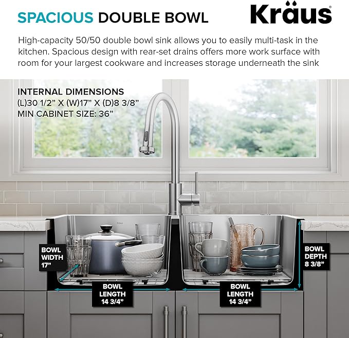 KRAUS Fairlane 33-inch Drop In/Top Mount Double Bowl 18-Gauge Stainless Steel Kitchen Sink, KHT632-33